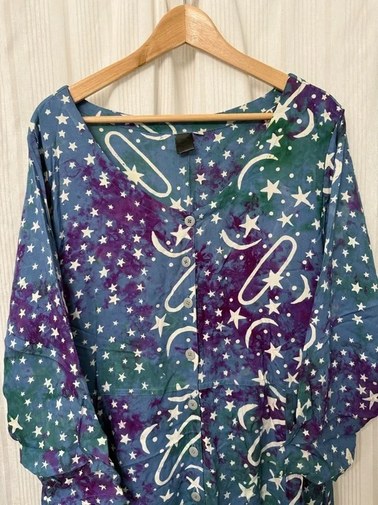 VINTAGE💥 Trade Wind Rayon Long Sleeve Maxi Button Celestial Dress - Picture 2 of 8